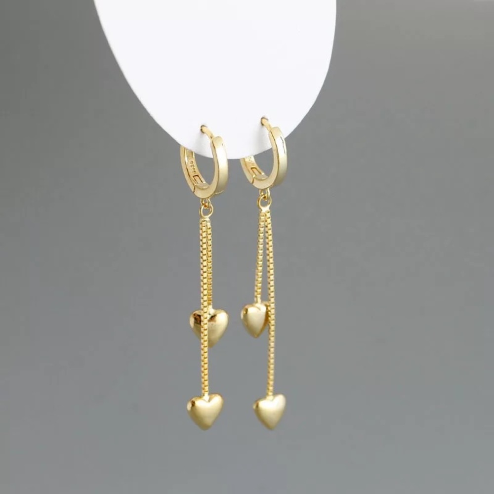 New 18K Gold Vermeil Sterling Silver 925 Hanging Heart Hoops earring set